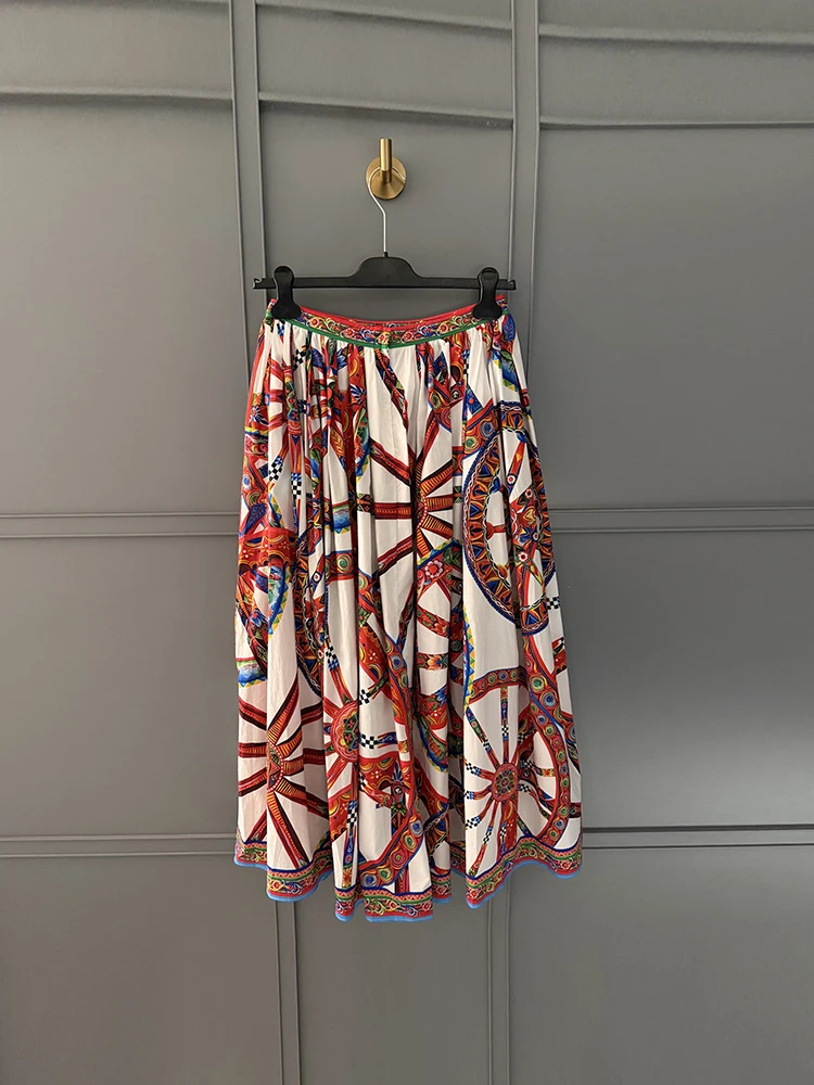 Spring Summer Fashion Vintage Pattern Printing Cotton A-Line Long Skirt Women's Party Middle Waist Slim Button Big Swing Skirt