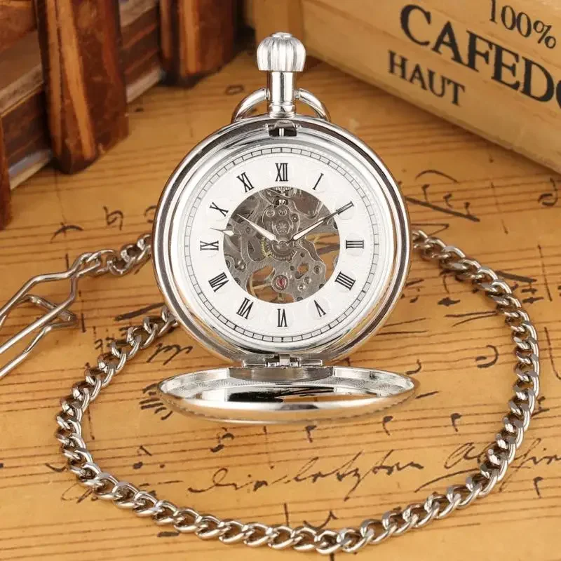 Silver Hollow Phoenix Mechanical Hand Wind Pocket Watch Half Hunter Hollow Skeleton Watch Pendant Fob Chain Clock Hours Gifts