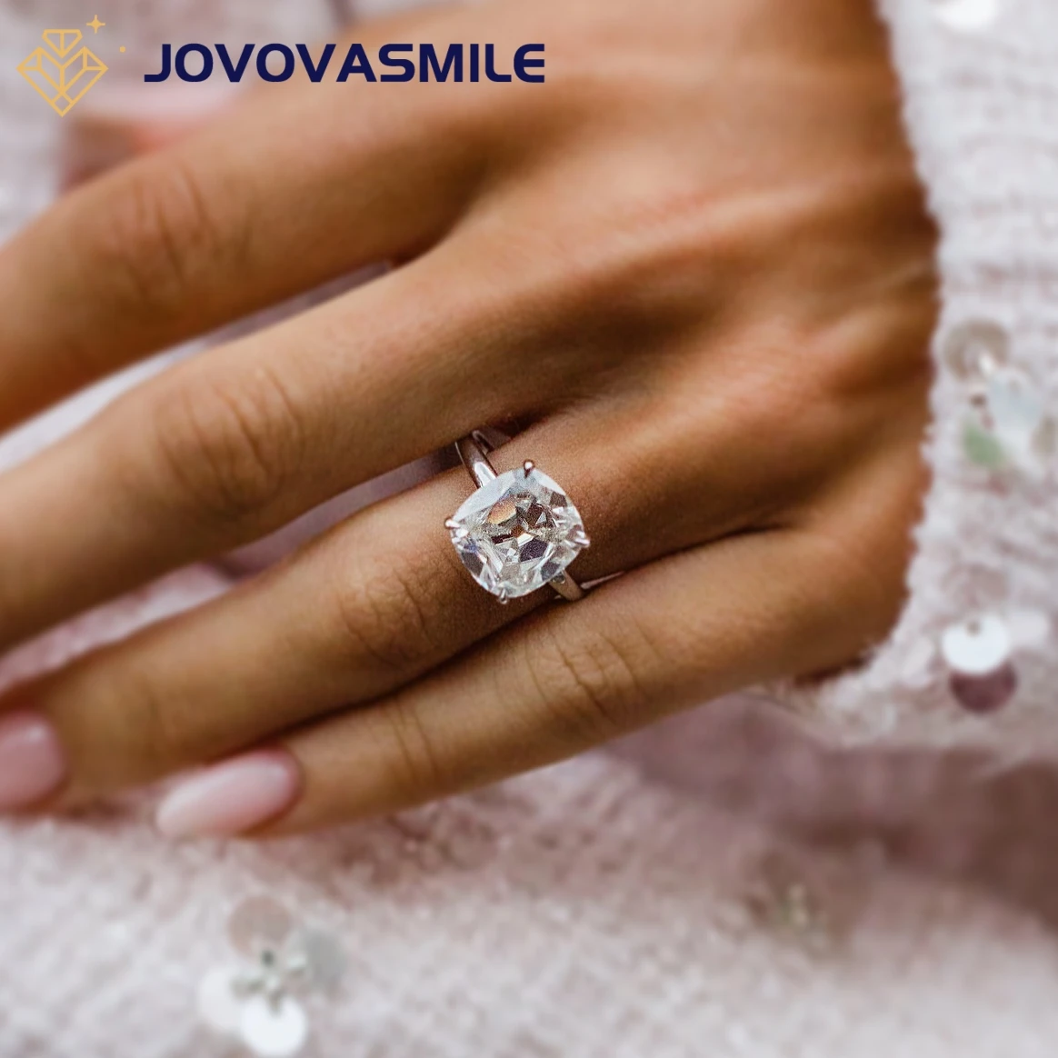 JOVOVASMILE 7 Carat Real Moissanite Ring 13.75x10.5mm Old Mine Cut Cushion 14k Yellow Gold 1.8mm to 2.9mm Band for Woman Wedding