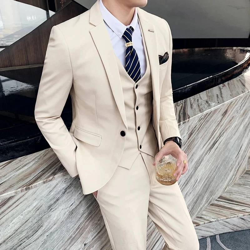 Men Skinny 3 Pieces Set Formal Slim Fit Tuxedo Prom Suit / Male Groom Wedding Blazers High Quality Dress Jacket Coat Pants Vest