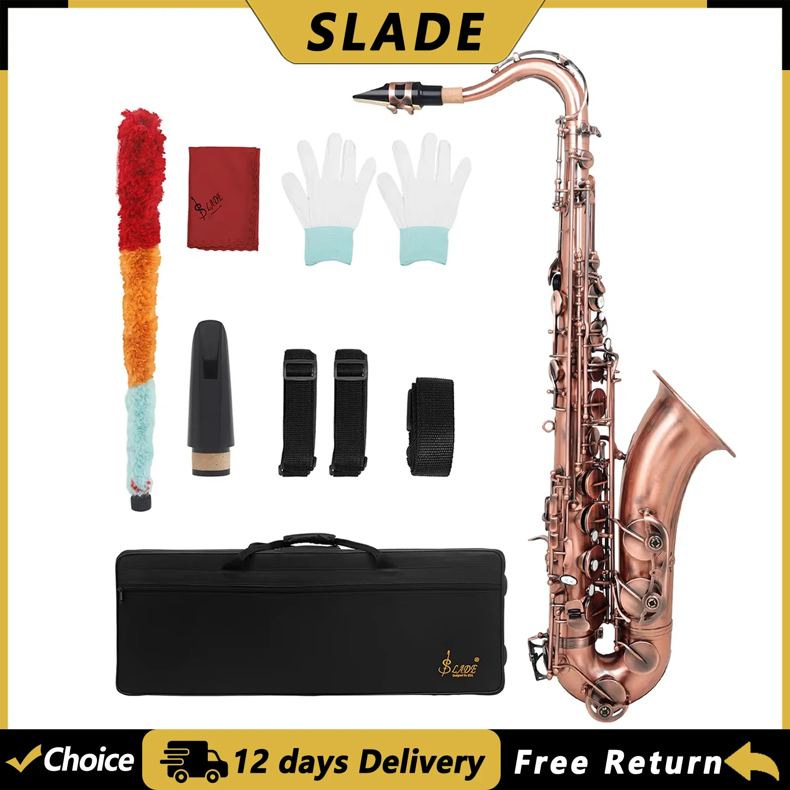 SLADE WT992 Brass Body Tenor Saxophone Bb Sax Engraved White Shell Keys Red Antique Woodwind Instrument with Case Brush Gloves