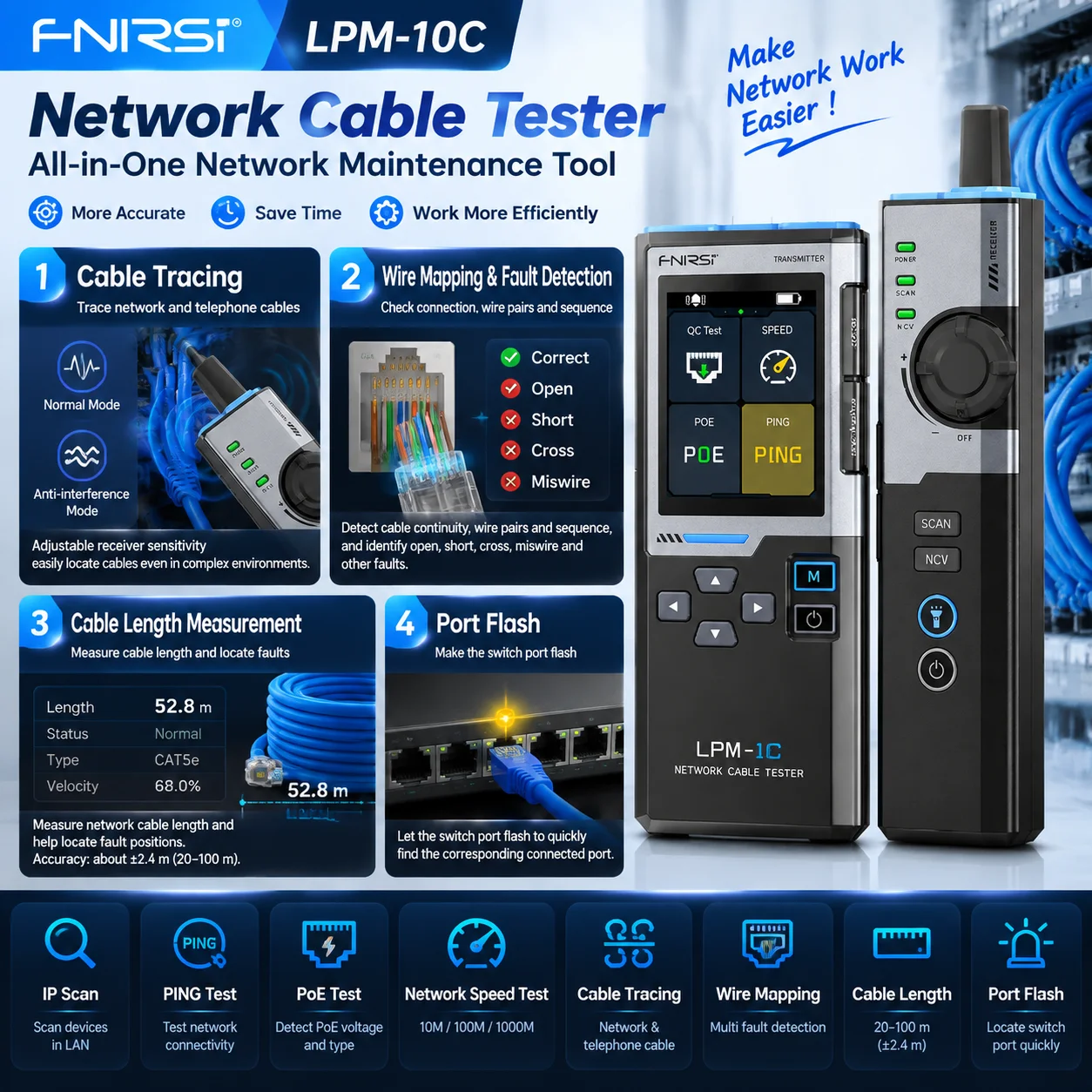 FNIRSI LPM-10C/LPM-10A  LAN Ethernet Cable Tester Toner Wire Tracker IP Scan PING PoE Tester RJ45 Wiremap Length 1Gbps NCV - view 4