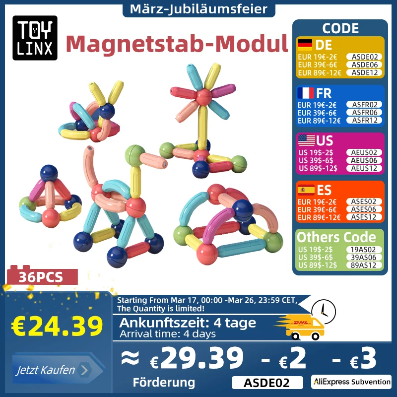 36PCS Assembled Magnetic Building Blocks Cube Early Education Toys Brain Development Puzzle for Baby Creative Magnetic Rod Toy