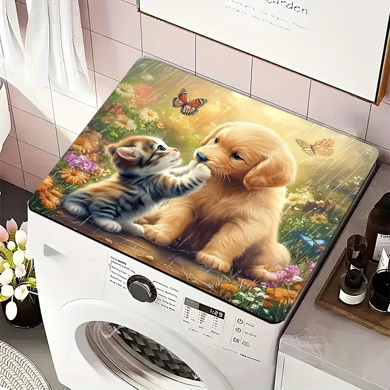 

1 шт. Защитный чехол для стиральной машины и коврик для сушки посуды - Дизайн с милыми котятами и щенками, цветочный, для дождливой погоды
