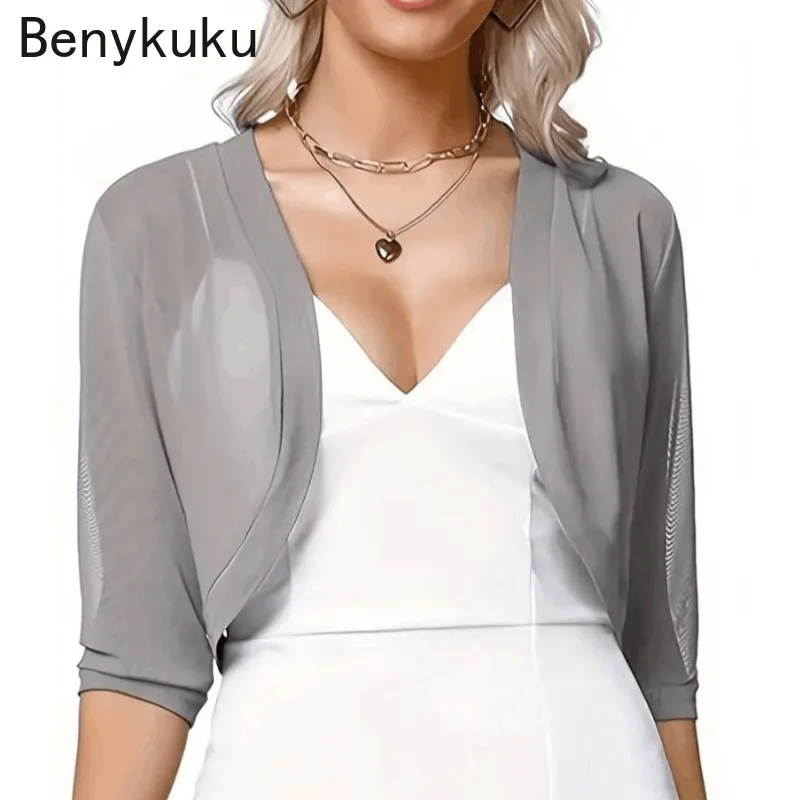 Open Stitch 3/4 Sleeve Chiffon Cropped Tops Shrug Cardigan Fashion Cover Up Shawl Coat White Black Women Mesh Sheer Bolero