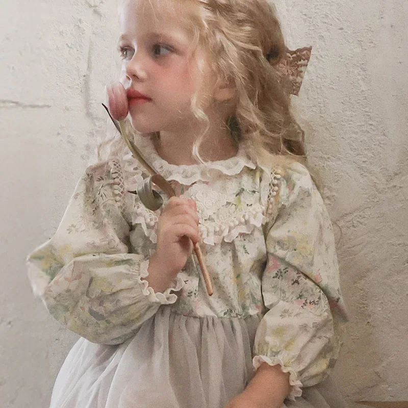 

2025Autumn Strawberry Shan Korean Children's Girl Stylish Lace Edge Sweet Floral Puffy Mesh Dress