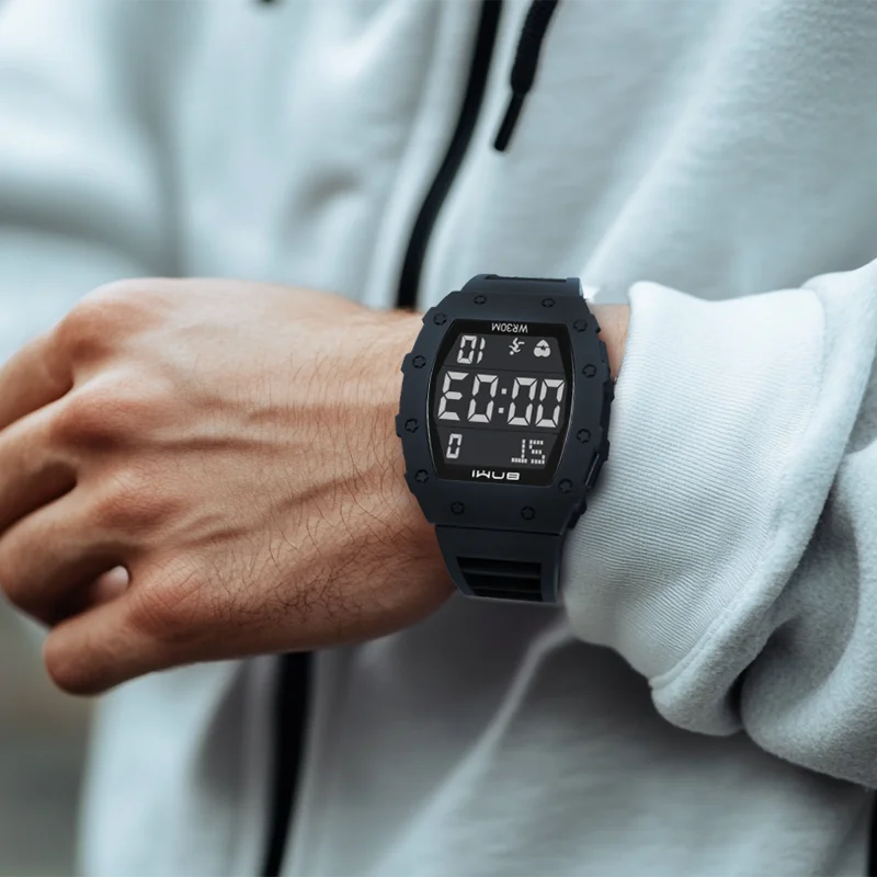 ผู้ชายกีฬาอิเล็กทรอนิกส์นาฬิกาแฟชั่นหน้าปัดขนาดใหญ่มัลติฟังก์ชั่กันน้ําโครโนกราฟนาฬิกาจับเวลานักเรียนนาฬิกาดิจิตอล