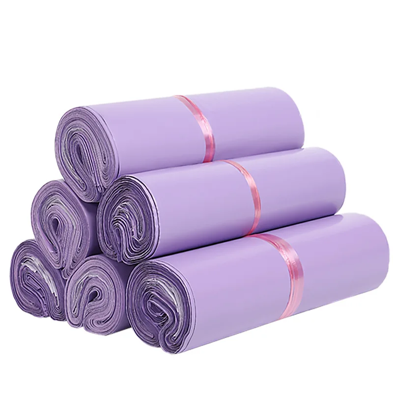 Bolsas de mensajería de plástico para ropa, embalaje autoadhesivo, color púrpura claro, impermeable, 4 tamaños, 50 piezas