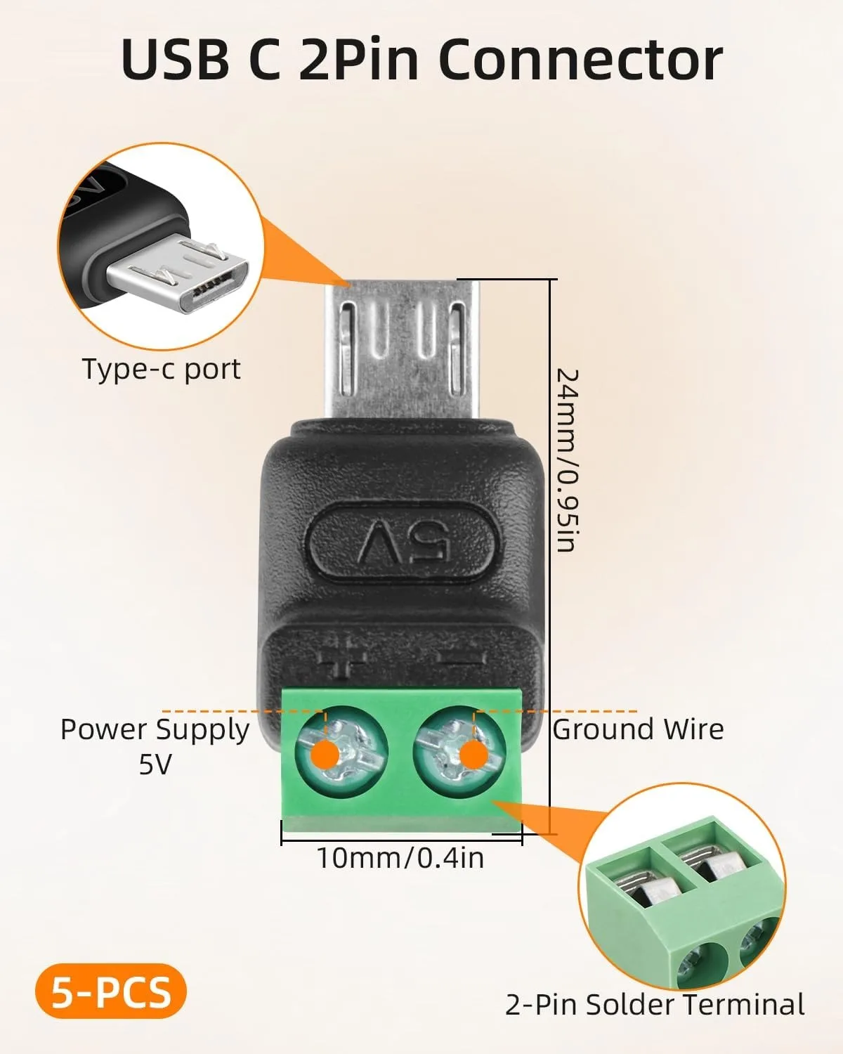 5PCS Micro USB Male to 2Pin Screw Terminal Adapter 5V Solderless Converter Connector for DIY, Repairment and Small Appliances - view 2