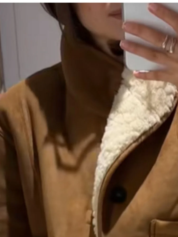 

Suede Solid Lamb Wool Reversible Jacket Women Lapel Collar Single Breasted Pocket Short Warm Coats Lady 2025 Office Outwears