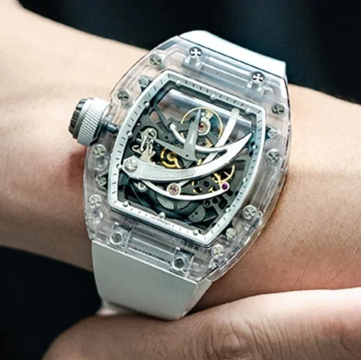 

CRONUSART мужские автоматические часы 50 мм Tonneau механические наручные часы с сапфировым корпусом светящийся ремешок из фторкаучука скелетонизированный циферблат