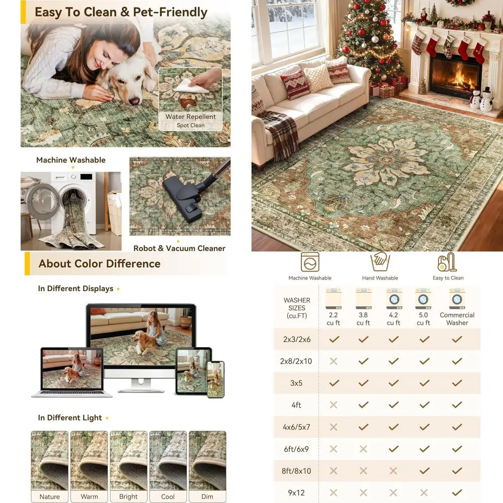 

Floral Vintage Medallion Area Rug, 8x10 Feet, Washable, Non-Slip, Suitable for Living Room, Bedroom, Dining Room, Brick Red, Rus