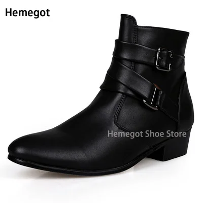 Brown Pointed Suede Buckle High Top Boots Men\'s New Plus-Size Black Leather Shoes Fashion Western Cowboy Boots Ankle Booties