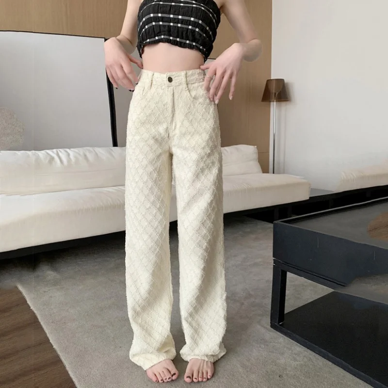 

Summer Women's High-waisted Loose Straight Pants Chic Jacquard Wide-leg Jeans Versatile Fashion Drag Pants