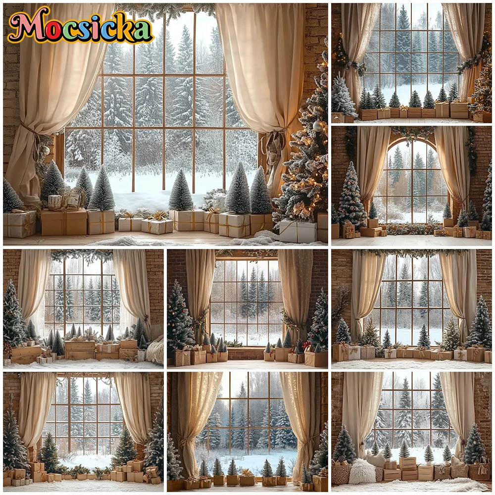 

Mocsicka Christmas Window Photo Background Winter Snow Brick Wall Tree Decorations New Year Party Backdrop Photography Wallpaper