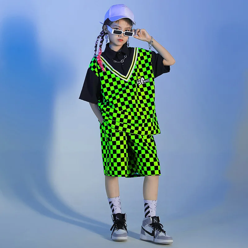 Kid Kpop Hip Hop Clothing Green Checkered Lapel Oversized T Shirt Top Summer Shorts for Girl Boy Jazz Dance Costume Clothes Set