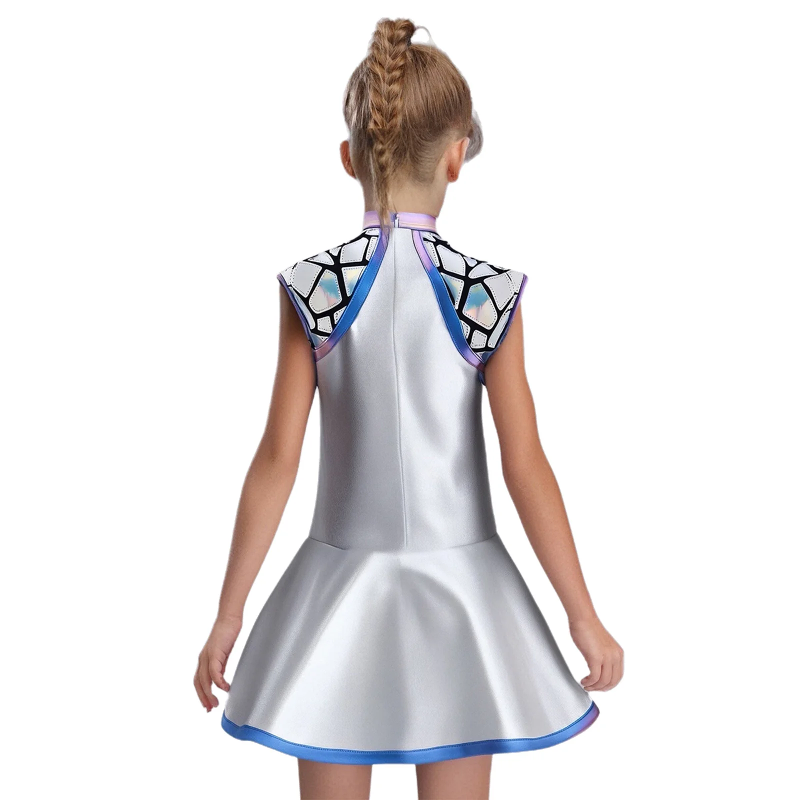 Kids Girls Metallic Shiny Alien Costume Halloween Outer Space Alien Robot Anime Cosplay Fancy Dress Up Sleeveless Sequins Dress