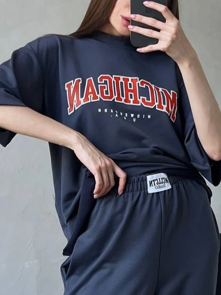 Loose Casual O-neck Long Sleeve Sweatshirt Pant Training Two Piece Set Letter Print Tracksuit Female Over Sized Trouser Set