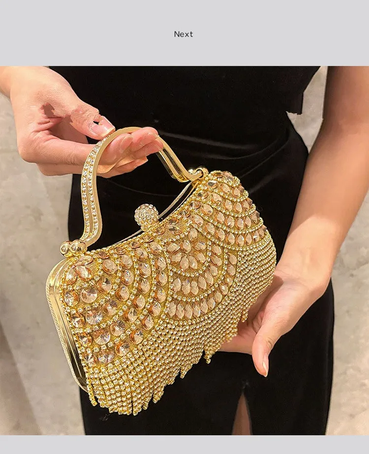 Metallische Strass-Diamant-Abendclutch mit Goldener Quaste, Luxuriöse Braut-Hochzeits-Party-Handtasche für Damen, Formelle Bankett- und Abschlussball-Tasche – Detail 12