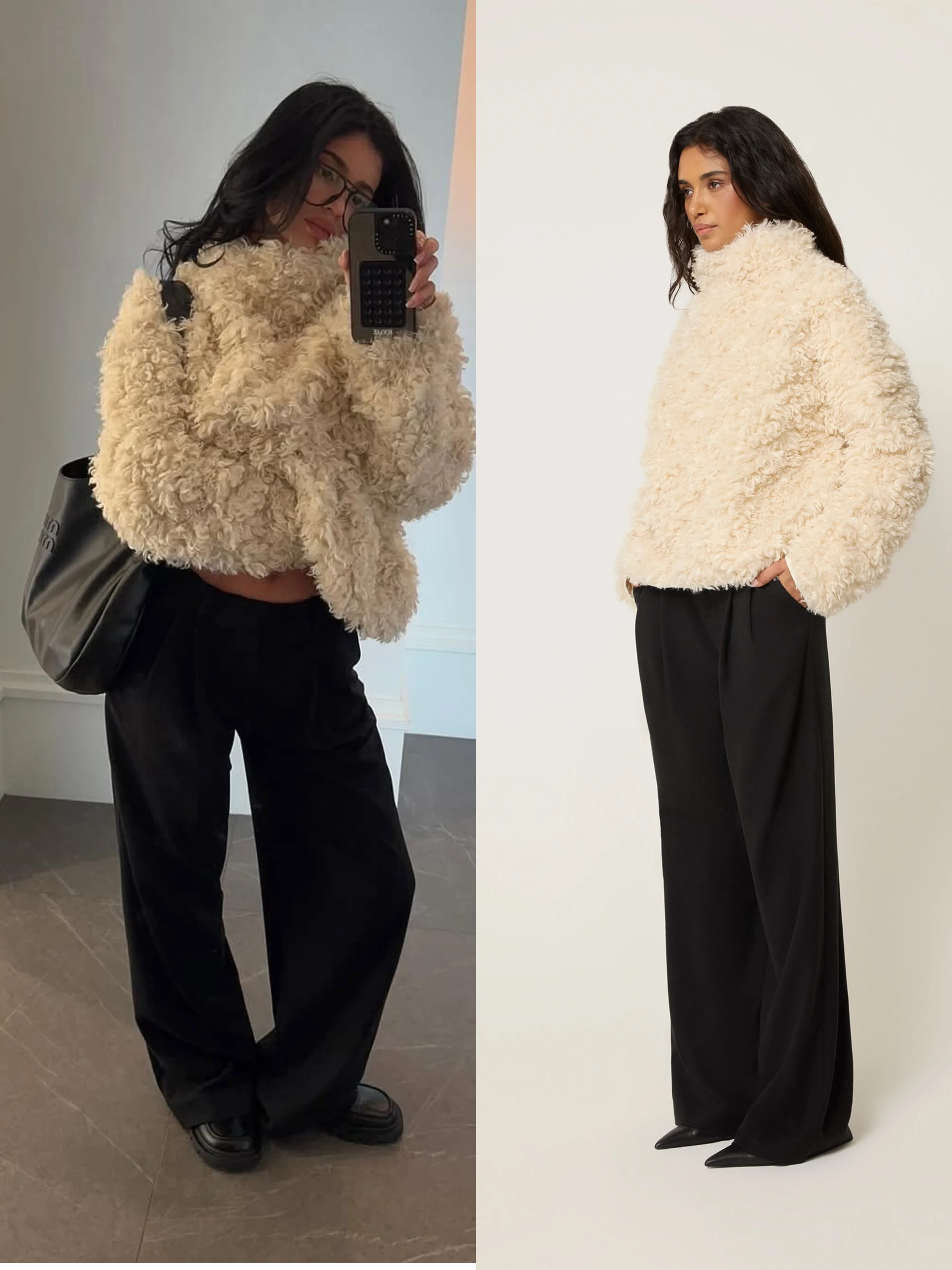 بنطال Khy Kylie ذو الساق المستقيمة باللون الأسود متوسط الارتفاع بنفس الطراز، مع نسيج مصقول ونمط مريح من الخلف، سروال بدلة بطول الأرض،