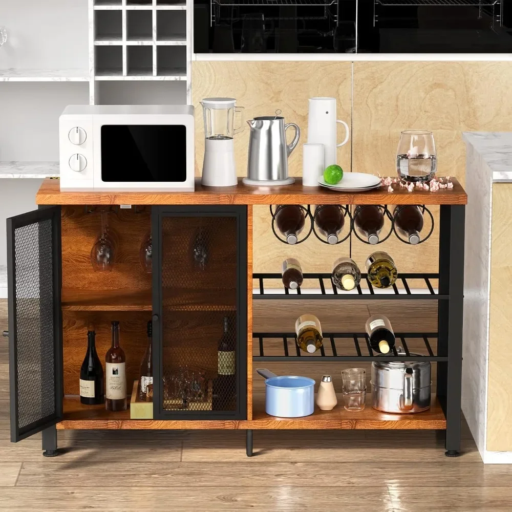 Industrial Bar Cabinet, Wine Table for Liquor with Glass Holder, Wine Rack and Metal Sideboard, Farmhouse Wood Coffee Bar