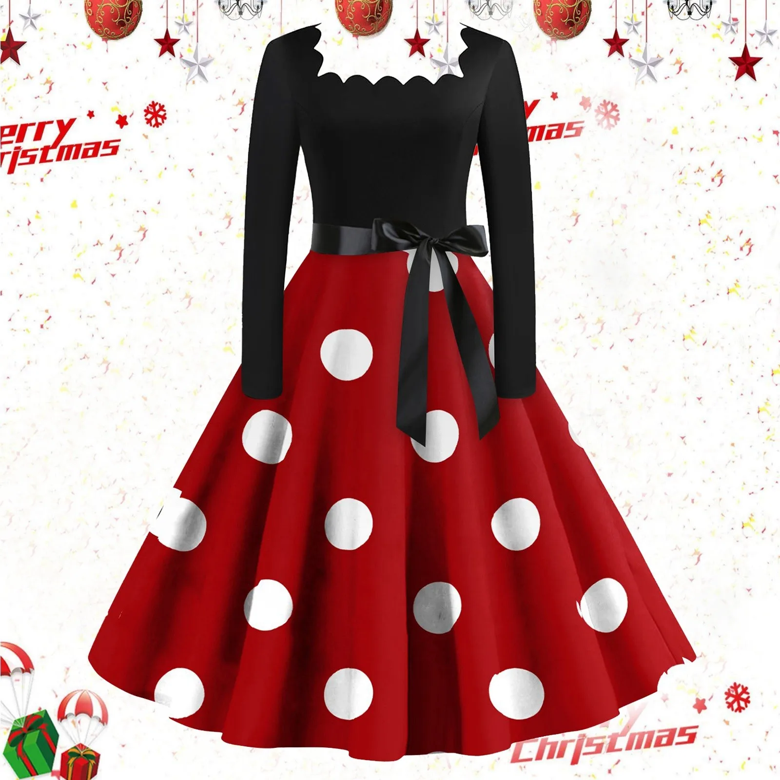 

Ugly Christmas Dress For Women Vintage Wavy Square Collar Long Sleeve Loose A-Line Dress Festival Party Medium Polka Dot Dresses