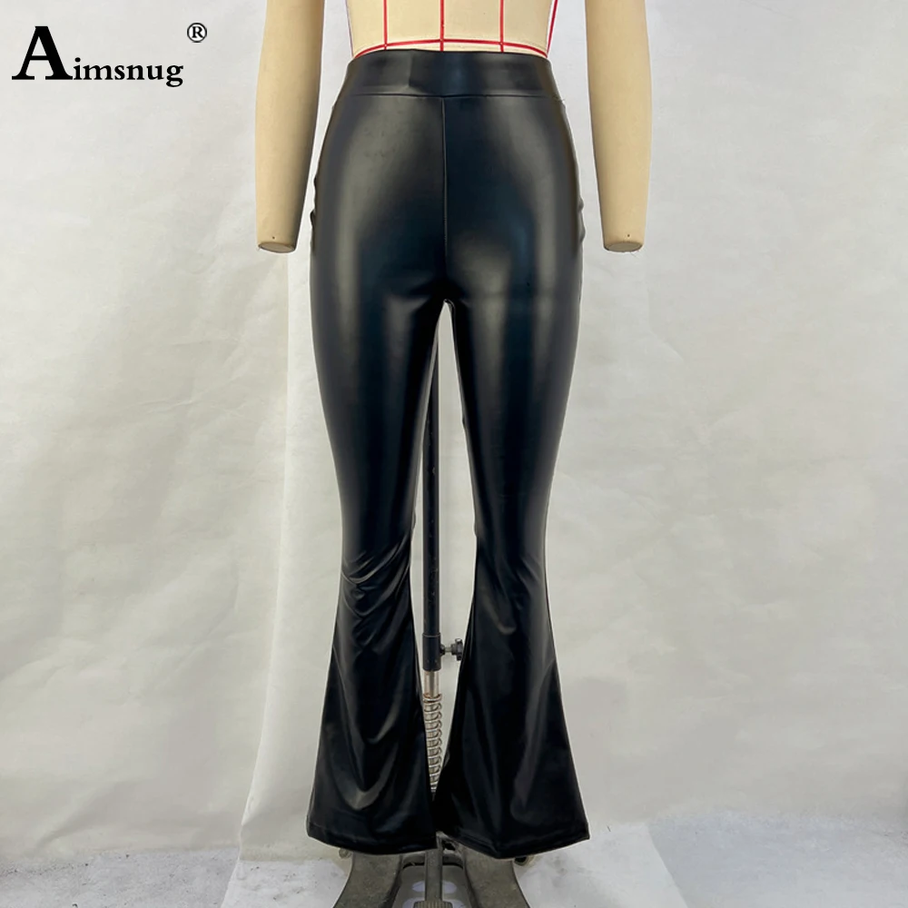 Women Fashion Street PU Leather Pants Female Elastic Waist Slim Trouser Girls High Cut Flare Pants Black Soft Faux Leather Pant