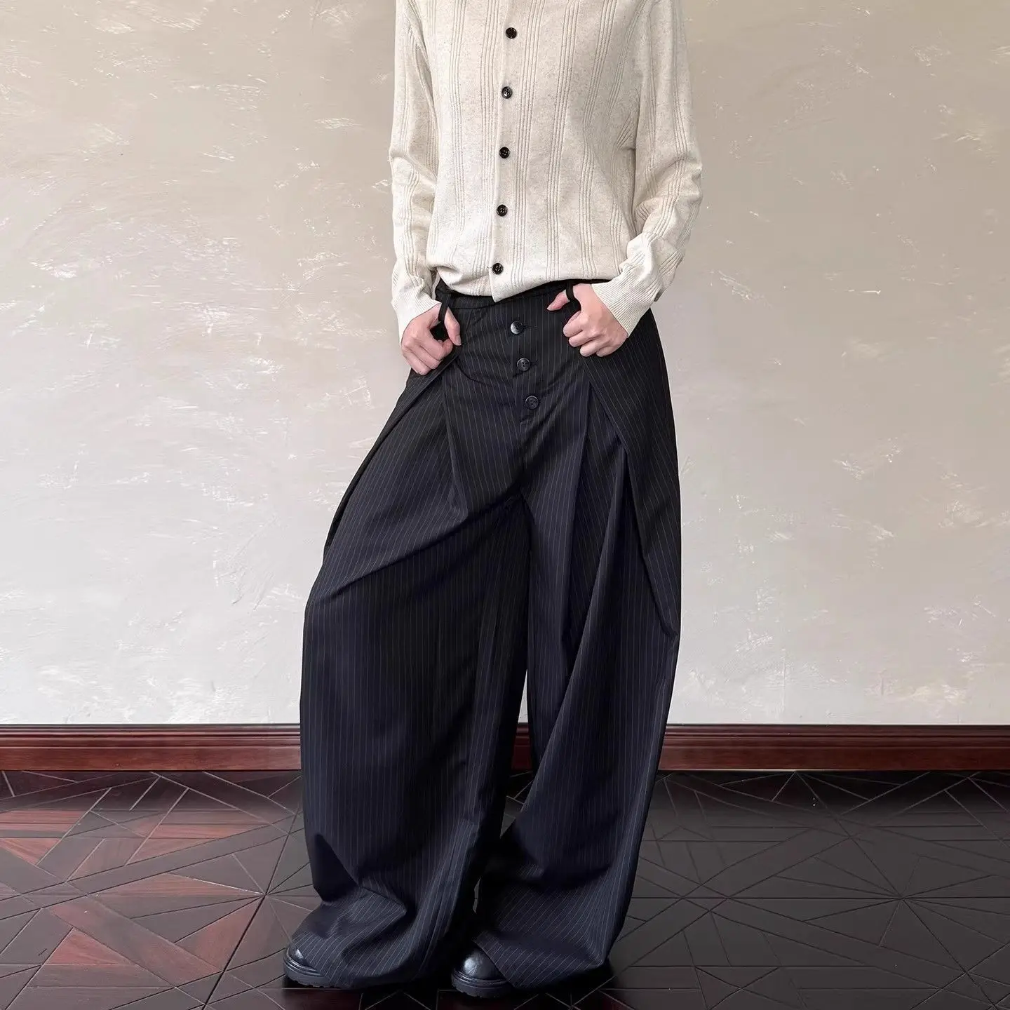 Vintage Striped Multi-Button Pleated Casual Pants Women's Autumn Loose Straight Pants