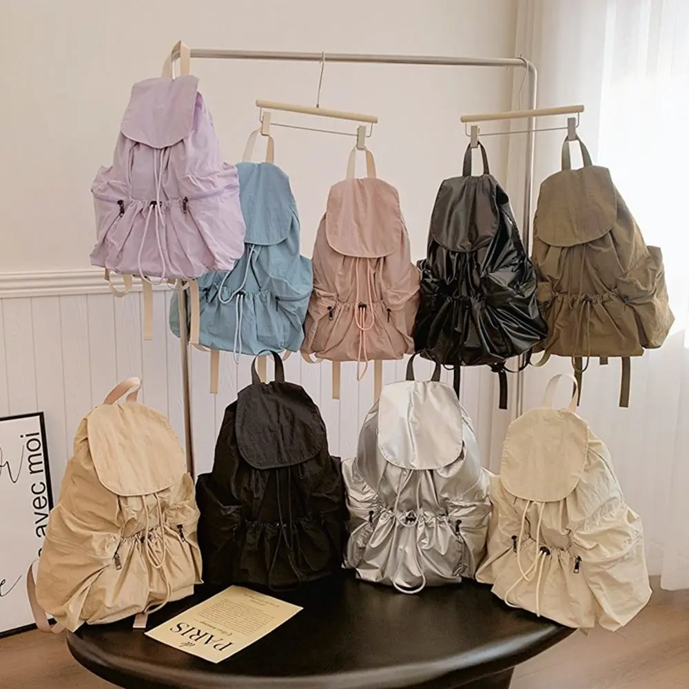 Cute Korean Style Drawstring Backpack Fold Niche Design Light Soft Nylon Bag Large Capacity Book Bag Shoulder Bag Girls