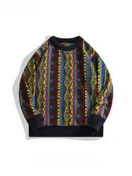 Men Women O-neck Ethnic style Niche Striped Colorful Jacquard Sweaters Trendy Brand Retro Hip Hop Casual Loose Couple Knitwear