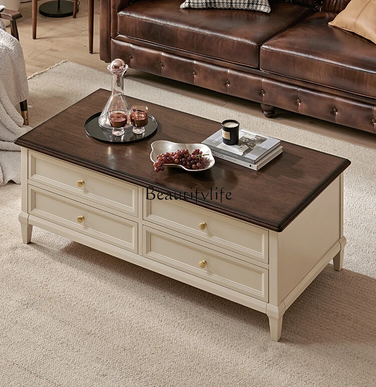 American Light Luxury Style Solid Wood Coffee Table Living Room French Retro Simple Storage Tea Table