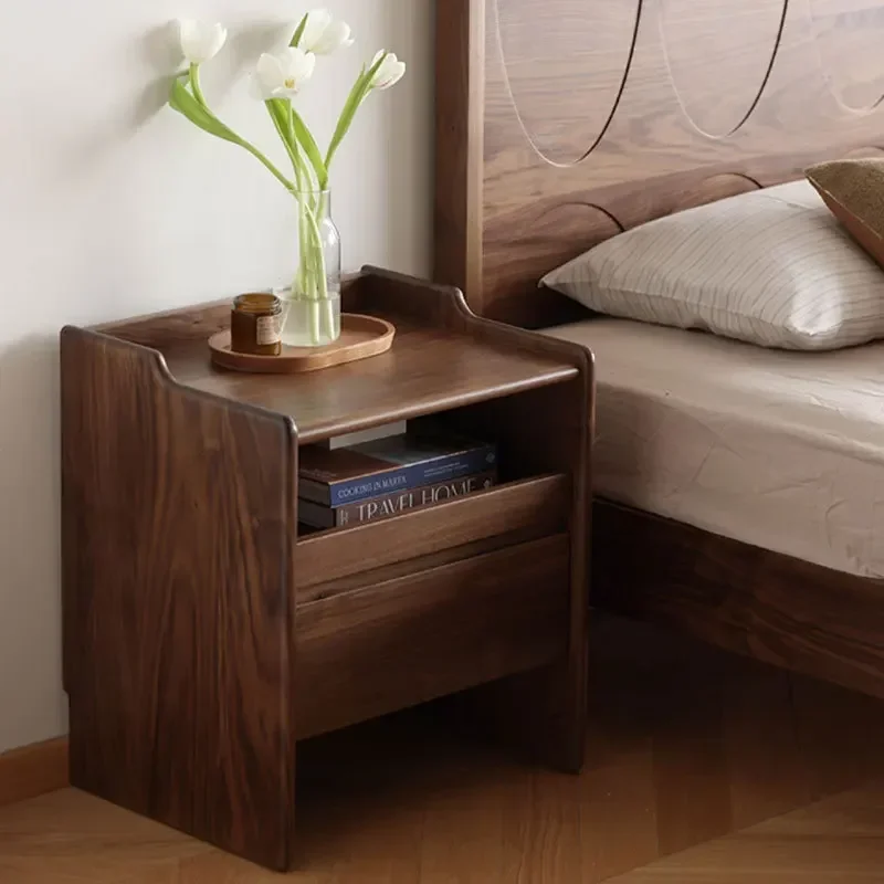 Comodino di lusso nordico tutto in legno massello di noce nera leggero comodino minimalista con contenitore in legno di ciliegio per piccolo appartamento