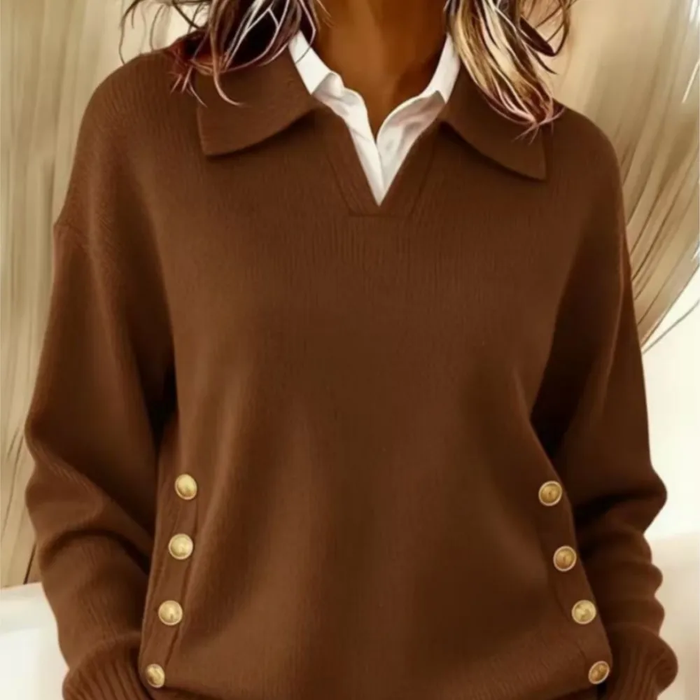 Casual Sweater Autumn Winter Solid Color Simple Loose Daily Comfortable Lazy Style Knitted Long-sleeved Lapel Pullover Tops
