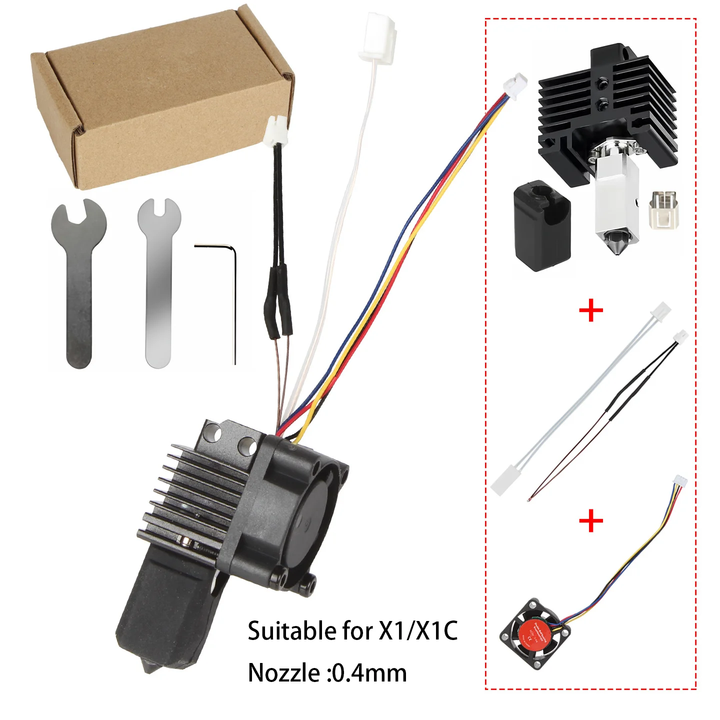 For 3D Printer Hot End Kit for X1 X1C All Metal Design 0.4mm Nozzle 25x25x10mm Fan 5V DC 0.4A 2W Specification