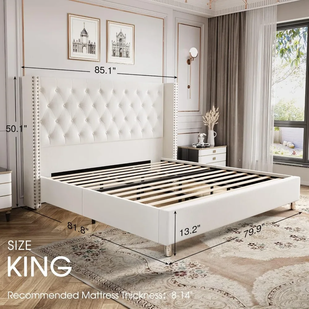 Bed Frame Upholstered Bed Velvet Low Profile Platform Bed with Raised Wingback Headboard/No Box Spring Needed