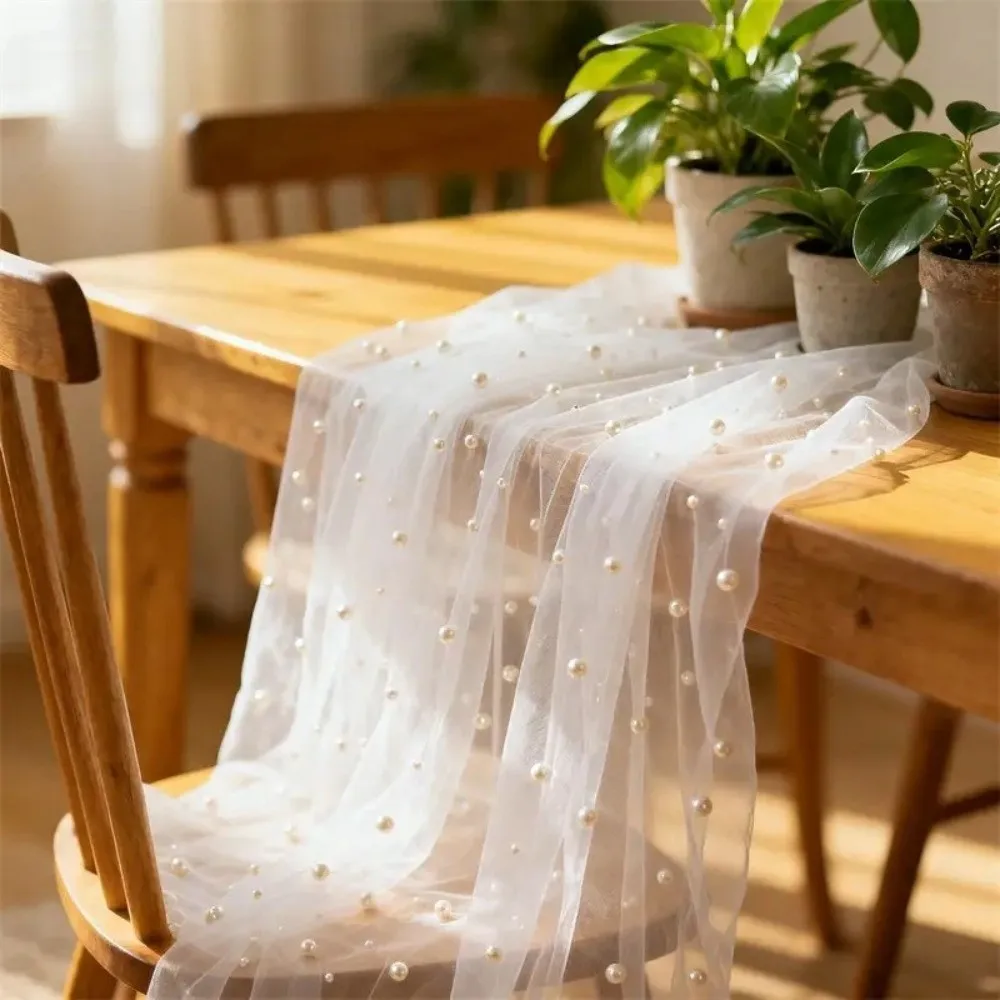 0.75*3 Meters Table Flag Semi Transparent Gauze Mesh Table Runner Sheer Drapes Pearl Tulle Table Cloth Dining Decoration