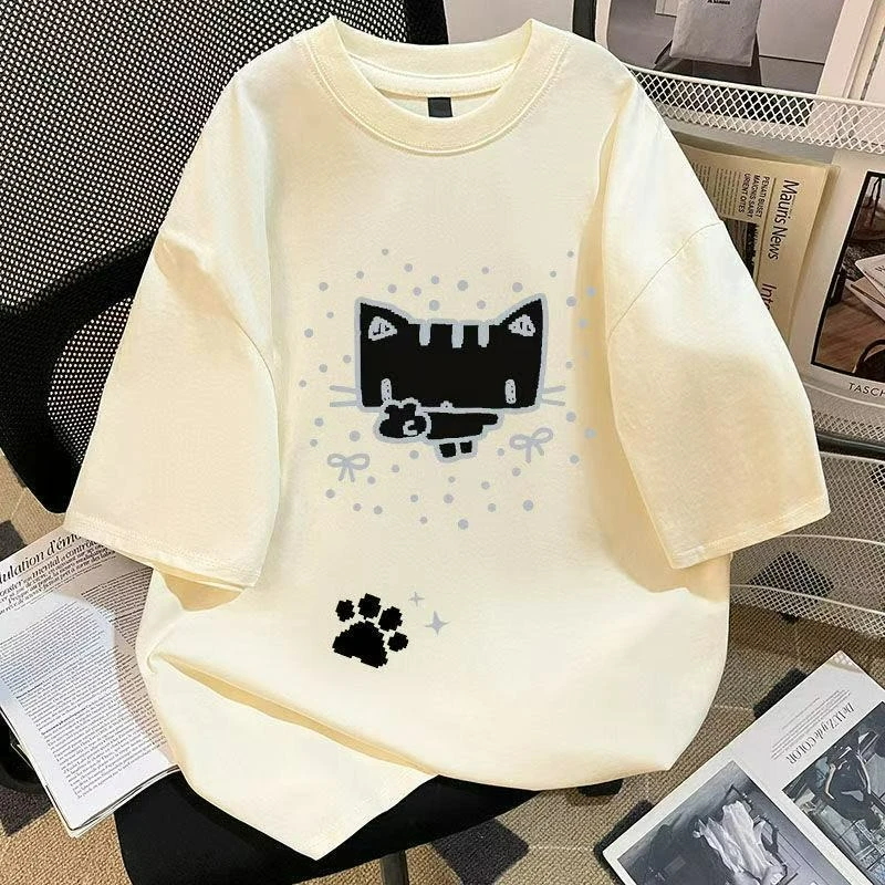 

2026 Summer New Fashion Loose Top for Men Women American-style Funny Little Cat Printed White Pure Cotton Short-sleeved T-shirt