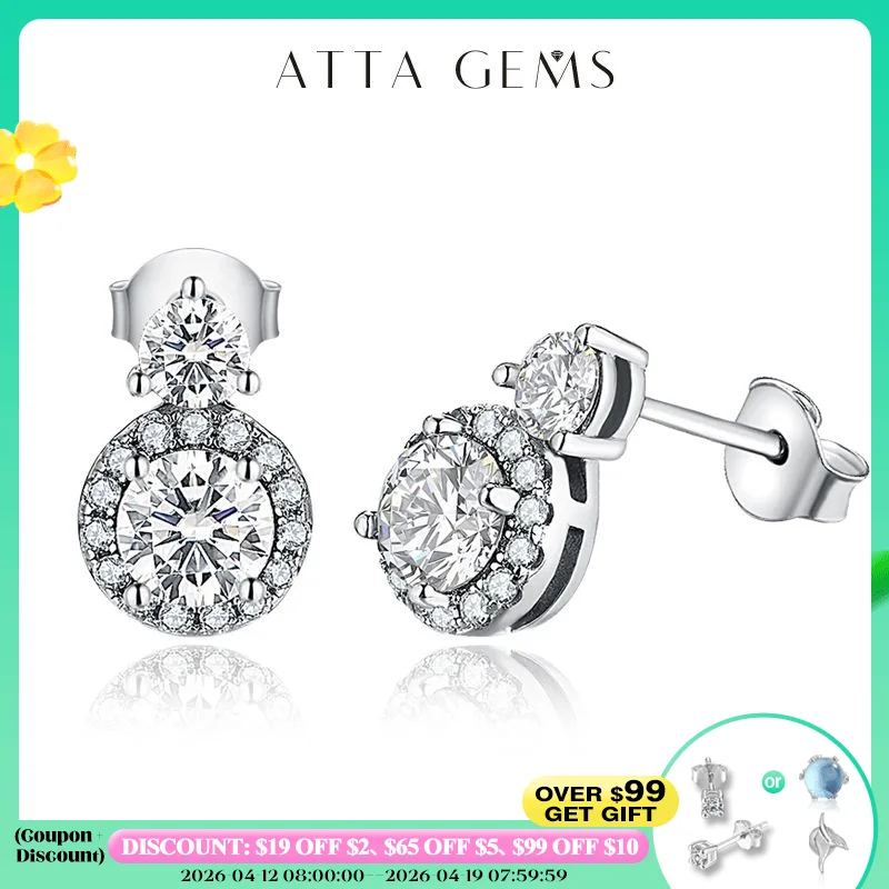 

ATTAGEMS New VVS1 D Color Round Cut Earrings for Women Test Passed Moissanite Diamond 925 Sterling Silver Earrings Fine Jewelry