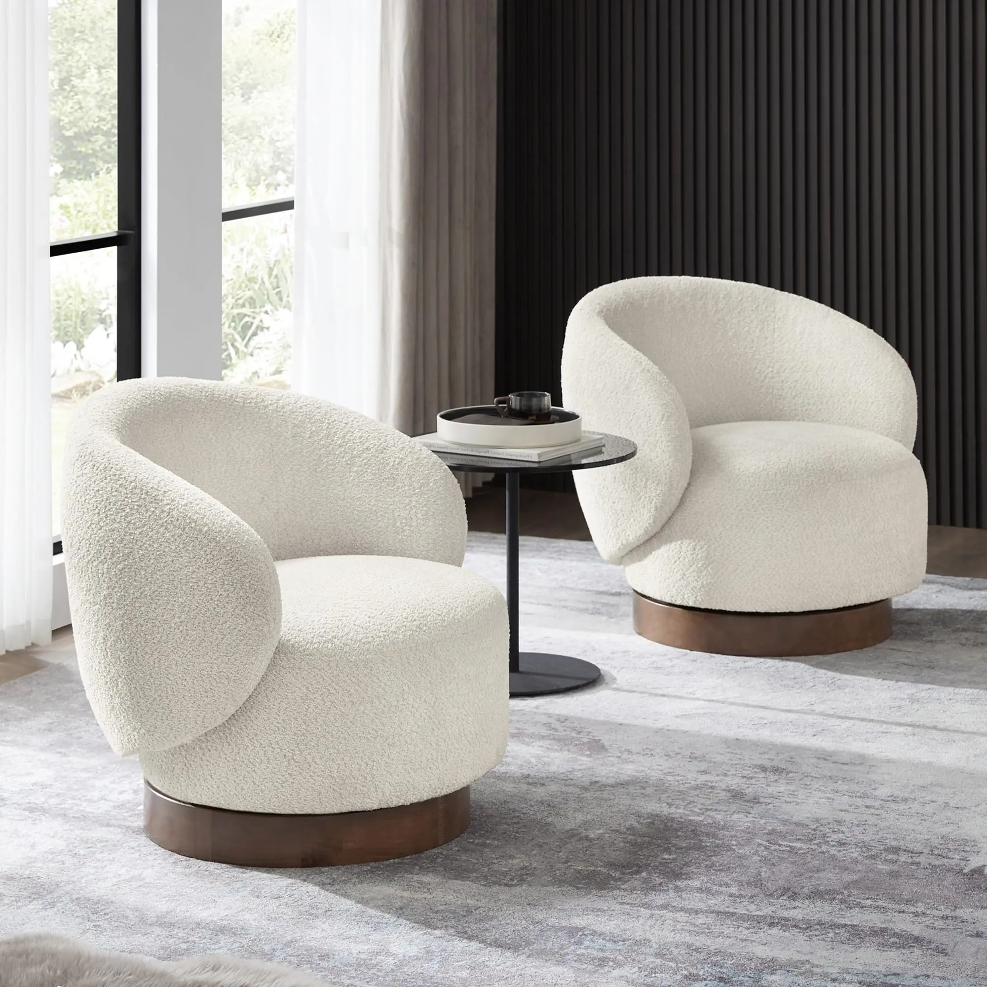 Swivel Accent Chair Round Barrel Armchair Upholstered Performance Fabric for Living Room Bedroom Reading Waitingroom 2 PCS Cream