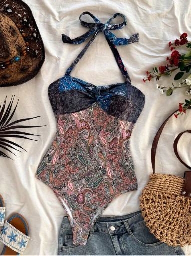 Women's Boho Paisley Print Halter One Piece Swimsuit, Tie Back High Cut Bathing Suit for Beach Vacation