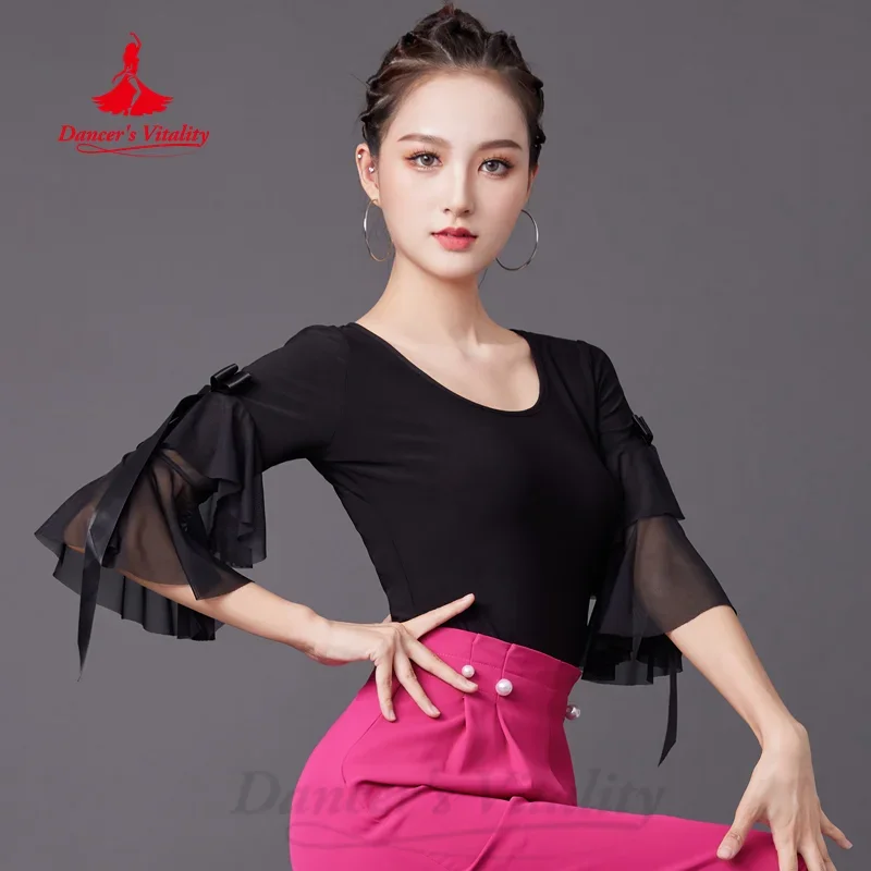 

Modern Dancing Practice Costume Women's Customized Comfortable and Breathable Horn Sleeves Top Latin Dance Training Clothing