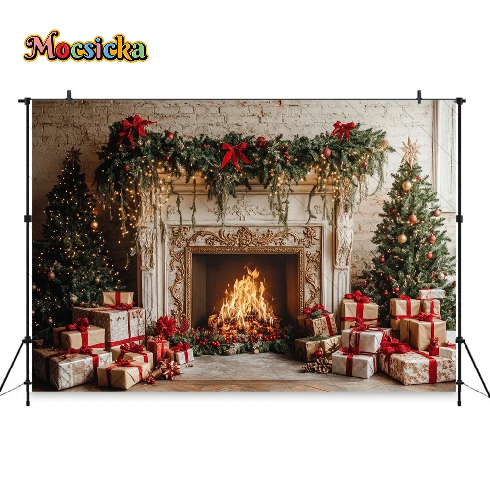 Retro White Fireplace Background for Christmas Photoshoot Green Xmas Tree Wreath Gift Backdrop New Year Room Family Photo Studio