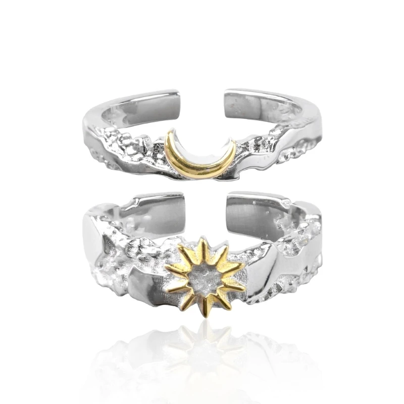 652F Sun And Moon Couple Rings Set Distinctive Love Sun and Moon Stainless Steel Couple Rings for Dating or Parties