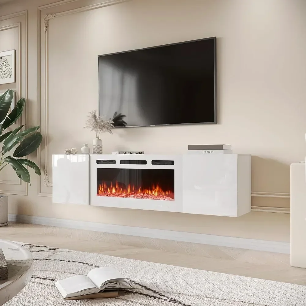 Floating TV Stand with 36'' Electric Fireplace, High Gloss Finish Entertainment Center with 12 Flame Fireplace Insert Heater