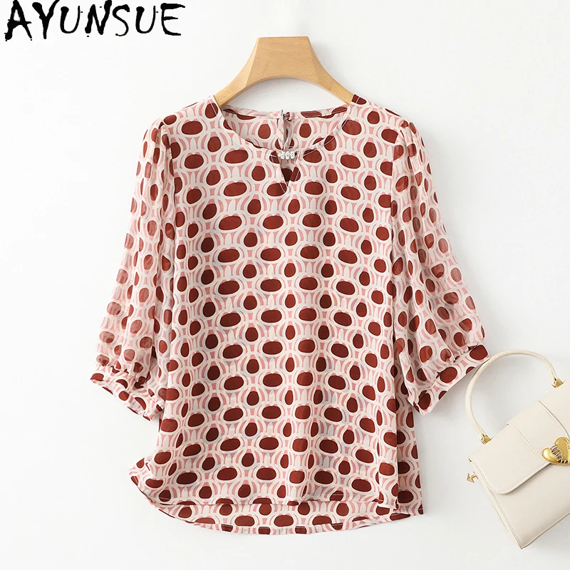 AYUNSUE 92% Genuine Mulberry Silk Womens Shirts New Loose Womens Summer Clothes Bead Short Sleeved Shirt 2024 Рубашка Женская