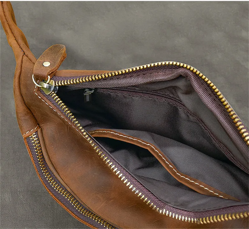 Vintage crazy horse cowhide men's chest bag simple genuine leather crossbody bag waist pack outdoor daily light fanny bag
