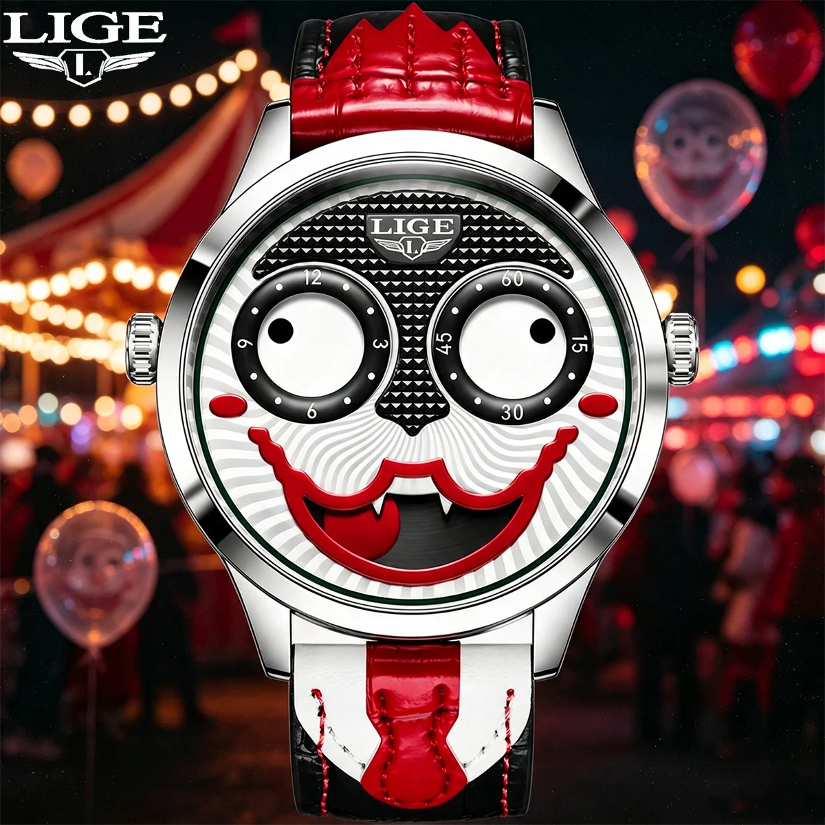 LIGE Luxury Men's Wristwatches Men's Clown Watches Fashion Leather Strap Cool Joker Waterproof Quartz Watch For Men Reloj Hombre