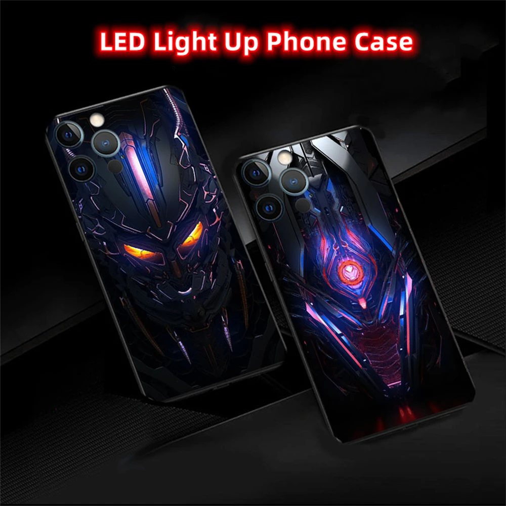 Cool Death Abyss Mecha LED Light Phone Case For iPhone 16 15 14 13 12 11 Pro Max X XR XS Plus SE2020 Glitter Shockproof Cover