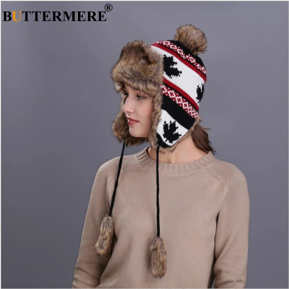 BUTTERMERE Red Russian Ushanka Hat Female Winter Warm Earflaps Fur Bomber Hats Caps Women Maple Leaf Christmas Beanies Pompom