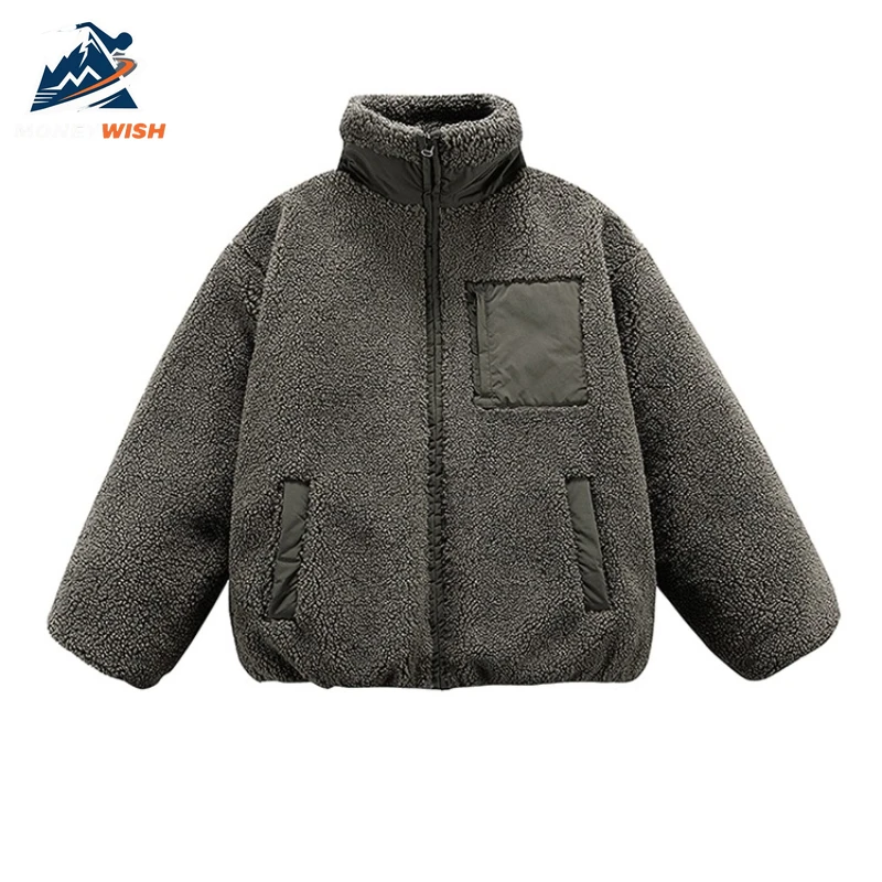 MONEYWISH أسفل سترة 2025 صوف الضأن سميكة الصوف الباردة حماية الدفء الوقوف طوق معطف في الهواء الطلق الشتاء سستة أسفل معطف #4